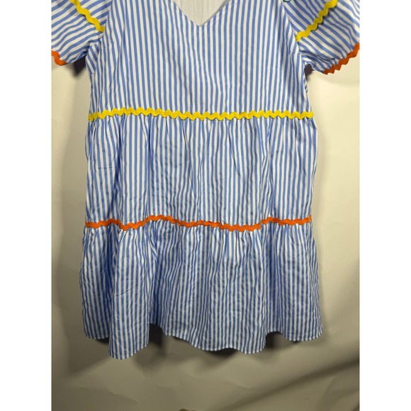 Entro Blue White Stripe Ric Rac Trim Tiered Flutter Sleeve Mini Dress Medium - Picture 3 of 11